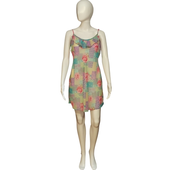 Vintage Y2K Natori Pastel Floral Patchwork Chiffon Ruffle Slip Dress - Picture 2 of 14
